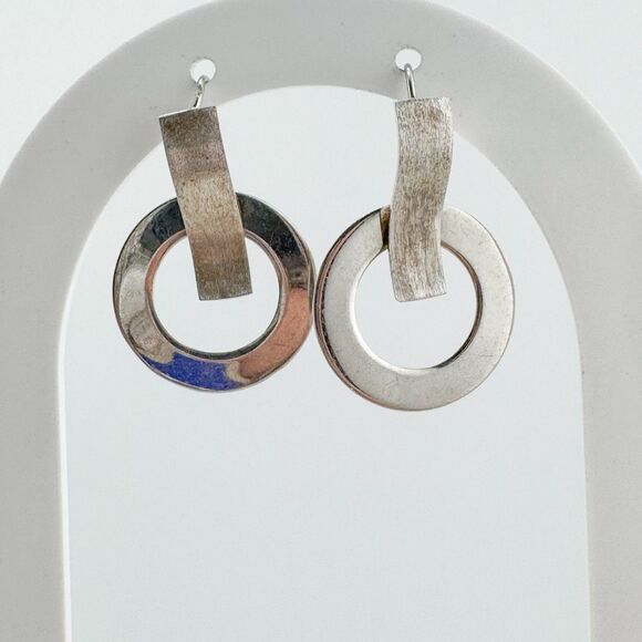 Vintage 925 Silver Modern Hoop Bar Drop Earrings Geometric Brushed Polished - Picture 2 of 6